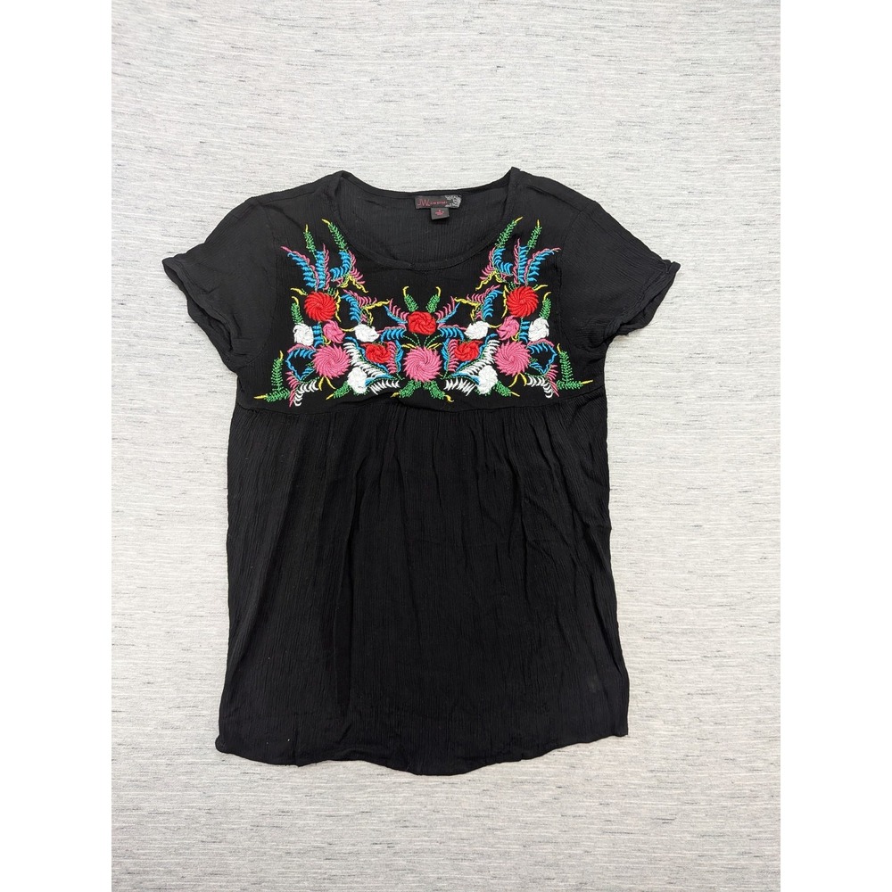 JW Style Shirt Womens Small‎ Black Embroidered Floral Boho Rayon Artsy Dark
